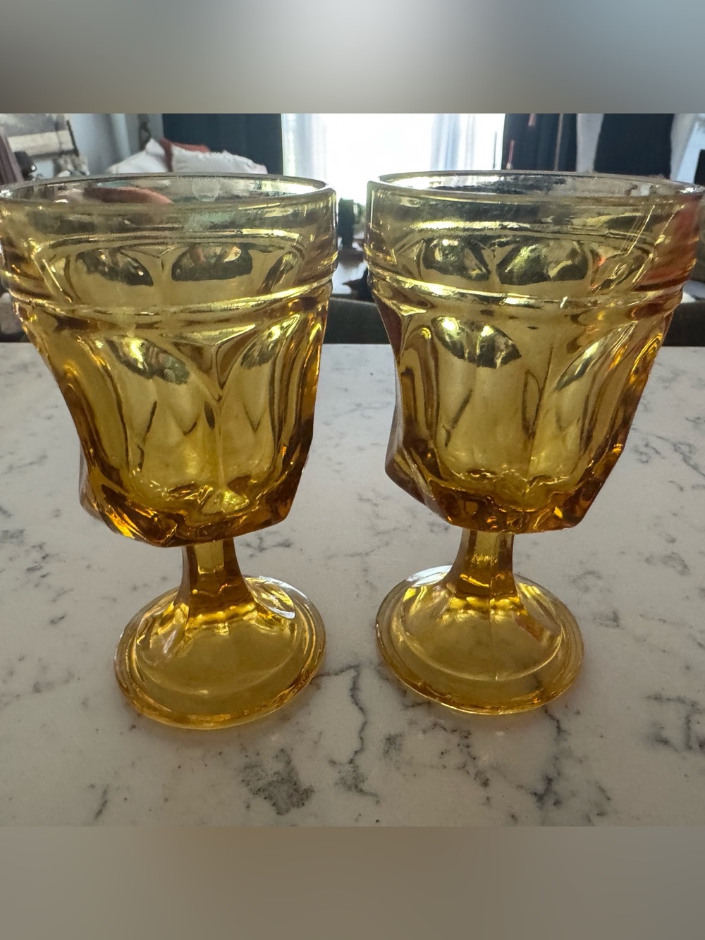 Set of 2 Amber Pressed Glass Wine Goblets